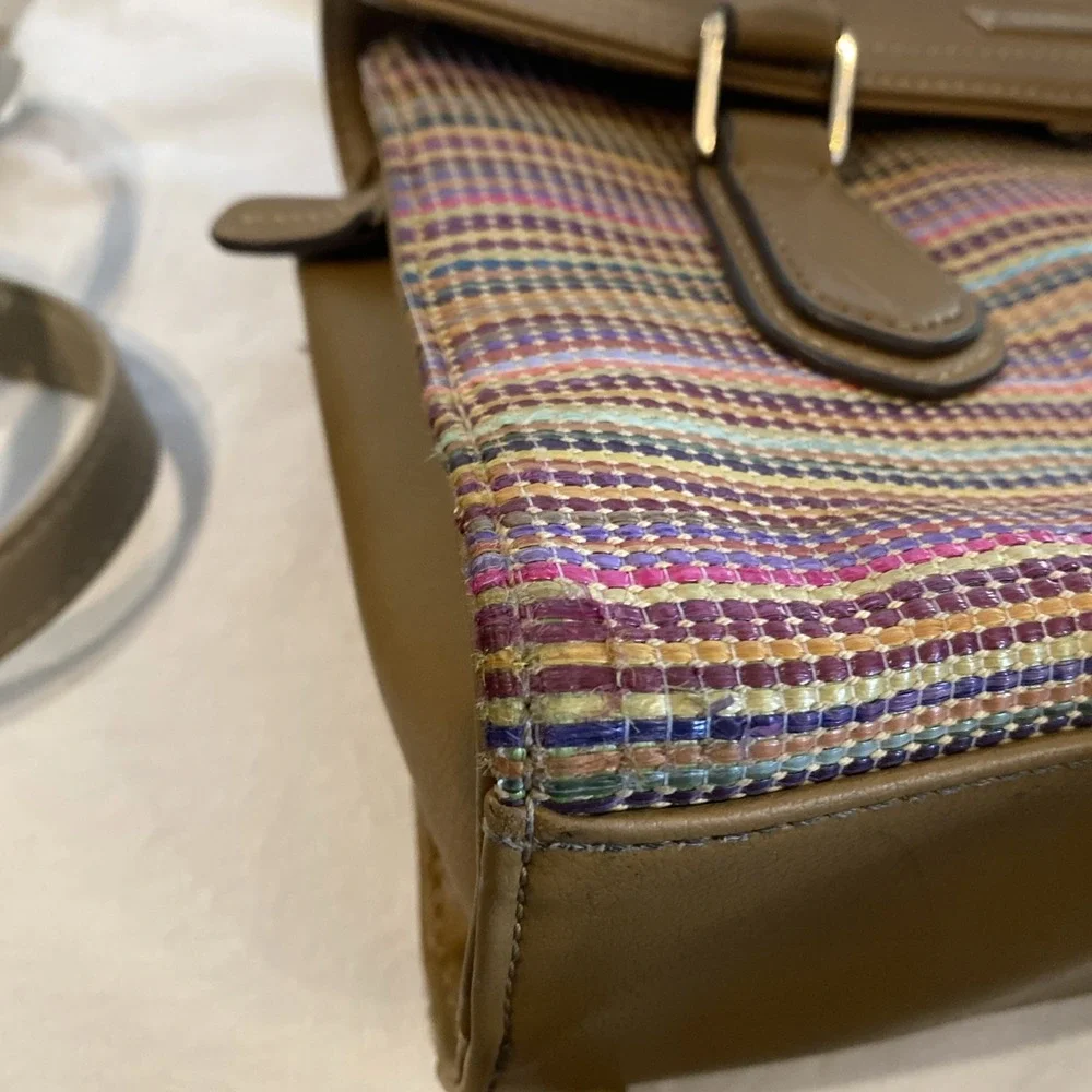 Vintage Liz Claiborne Multicolor Woven Faux Leather Satchel Purse, Tan Handbag